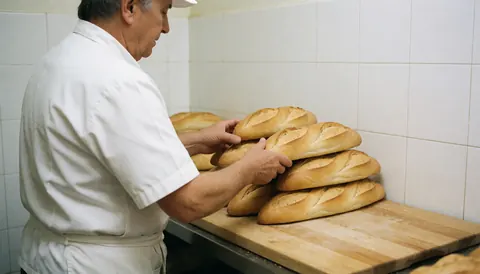 Un boulanger place des pains sur un comptoir en bois dans une boulangerie aux murs carrelés blancs, sous un éclairage professionnel.