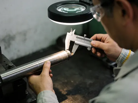 Un opérateur portant des lunettes de sécurité mesure le diamètre d'un arbre métallique avec un pied à coulisse sous un éclairage intense dans un atelier industriel.