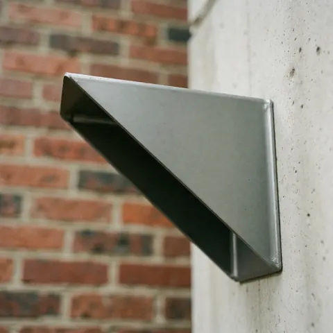 Support en acier installé sur un mur de béton avec un fond de mur de briques flou. Image professionnelle pour usage commercial dans la construction et les travaux publics.