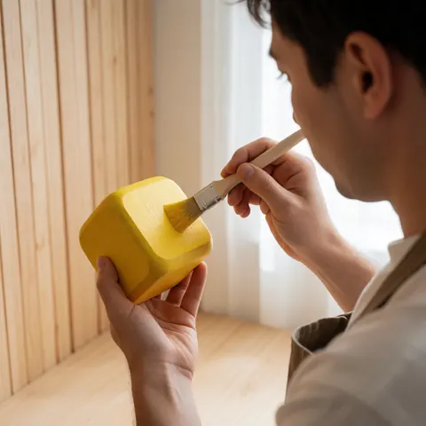 Des mains peignent à la main un jouet artisanal en bois clair avec une broche, mettant en valeur le travail manuel et la précision.