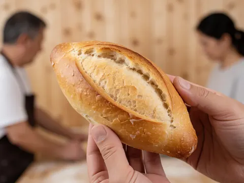 Gros plan sur la texture croustillante et dorée d'un pain bolillo frais sorti du four, posé sur une surface en bois.
