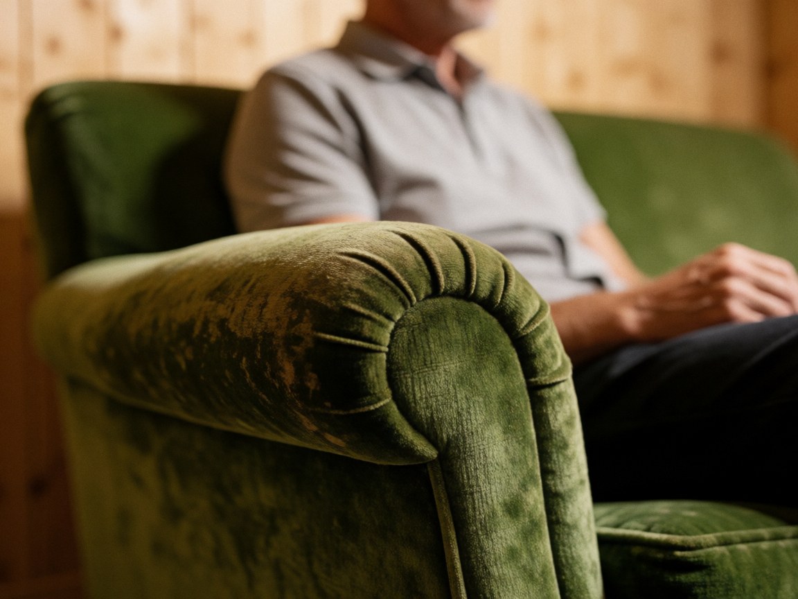 Détail d'un canapé vert en velours dans un cabinet de thérapie, avec un mur en bois et une personne assise dans un environnement chaleureux.