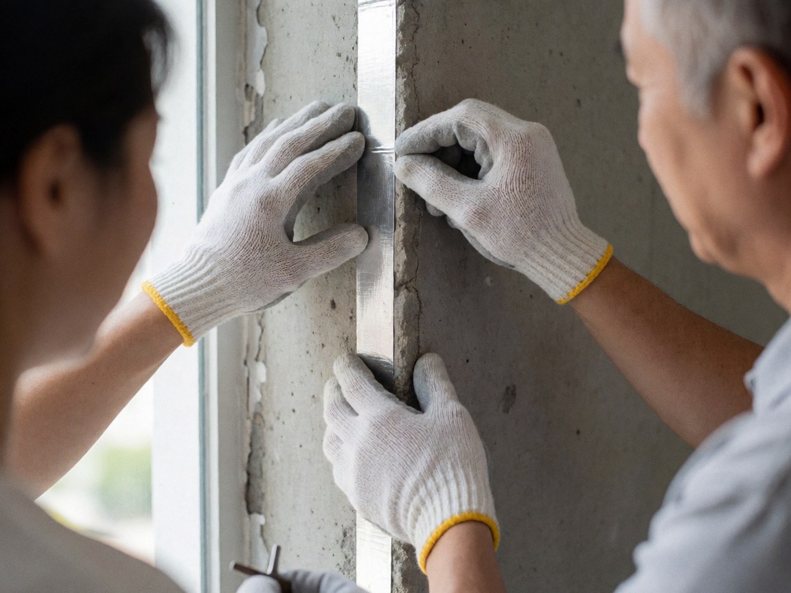 Mains gantées appliquent du ruban d'aluminium sur une jointure en béton pour préparer la construction.
