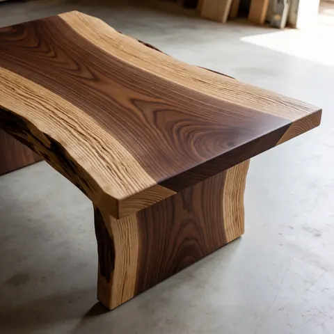 Table en bois rustique avec grain apparent, située dans un atelier, éclairée par la lumière naturelle, finition polie, idéale pour les meubles artisanaux.