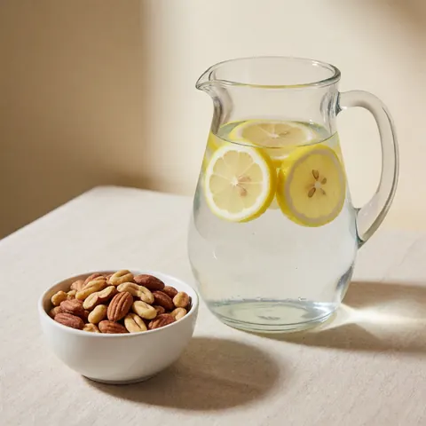 Carafe d'eau aux tranches de citron et bol de noix mélangées sur une table avec nappe beige, éclairée par la lumière naturelle.