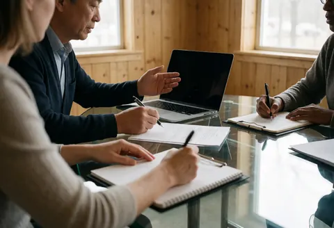 Trois professionnels lors d'une réunion d'équipe, examinant des documents et utilisant un ordinateur portable sur une table en verre avec lumière naturelle.