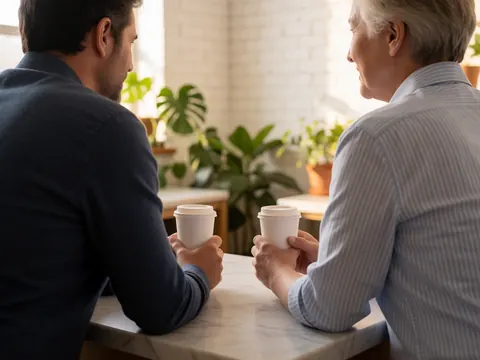 Deux personnes en conversation informelle avec des tasses de café sur une table en marbre dans un espace de travail moderne