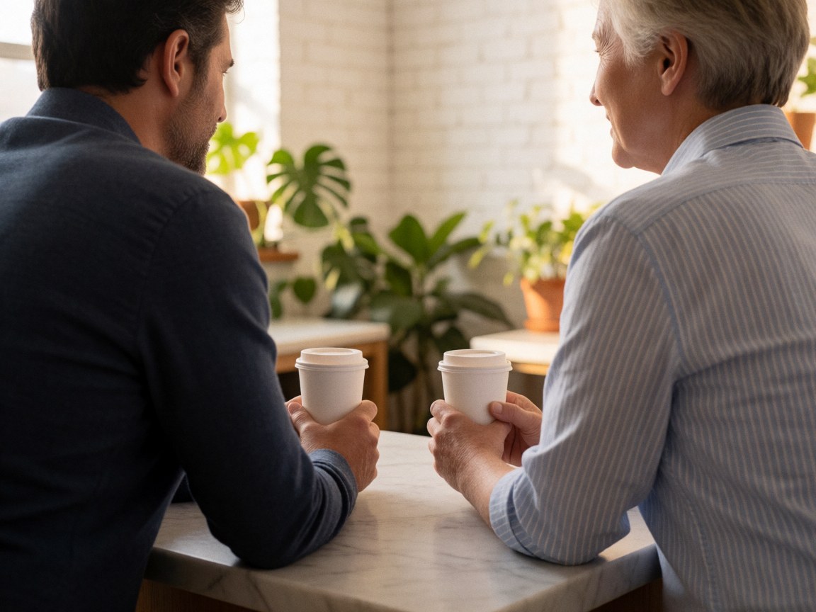 Deux personnes en conversation informelle avec des tasses de café sur une table en marbre dans un espace de travail moderne