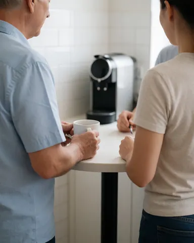 Deux professionnels de différents âges discutent dans une cuisine avec une table ronde, une tasse de café et une machine à café, scène de travail collaboratif informel.