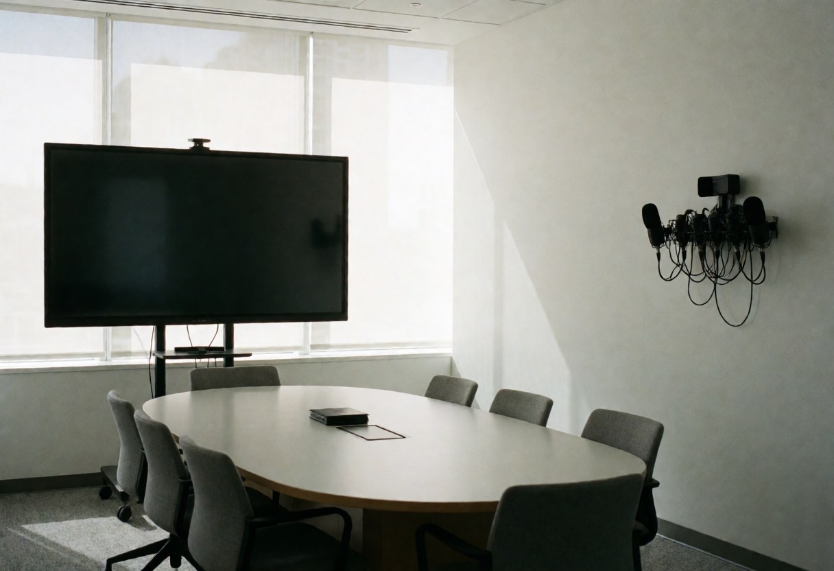 Salle de réunion contemporaine avec table ovale, grand écran et microphones professionnels, baignée de lumière naturelle sur fond blanc et sol gris.