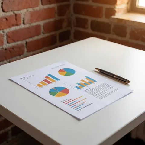 Document de rapport de résultats posé sur un bureau moderne à côté d'un crayon, avec des graphiques visibles et une lumière naturelle provenant d'une fenêtre.