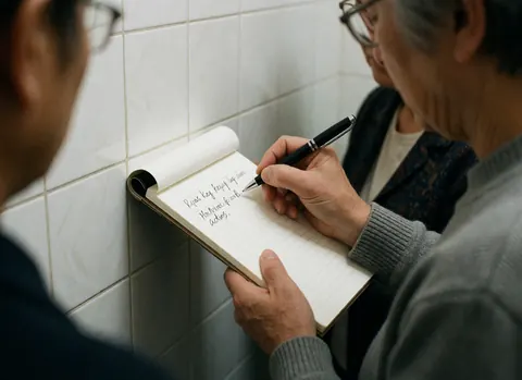 Vue rapprochée d'une personne prenant des notes sur un bloc de papier avec un stylo pendant une réunion professionnelle.