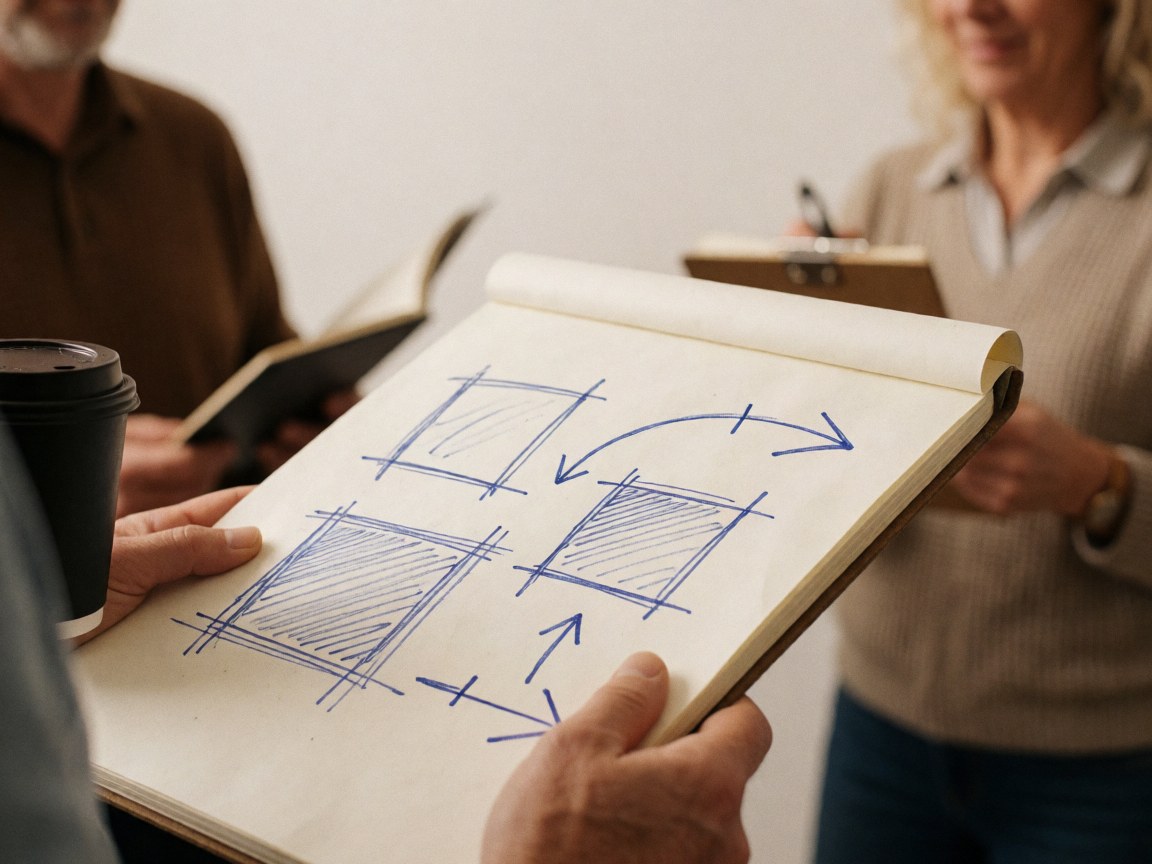 Près d'un carnet contenant des diagrammes stratégiques tracés en bleu se trouve une tasse de café noire dans un cadre professionnel.
