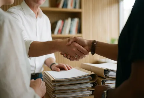 Deux personnes se serrent la main au-dessus de dossiers dans un bureau aux murs en bois et à la lumière naturelle, symbolisant un accord professionnel.