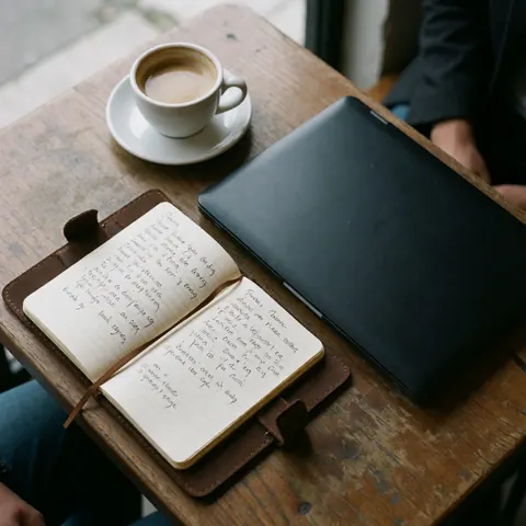 Scène de réunion d'équipe dans un café montrant une table en bois, un carnet ouvert avec des notes, un ordinateur portable noir et une tasse de café.
