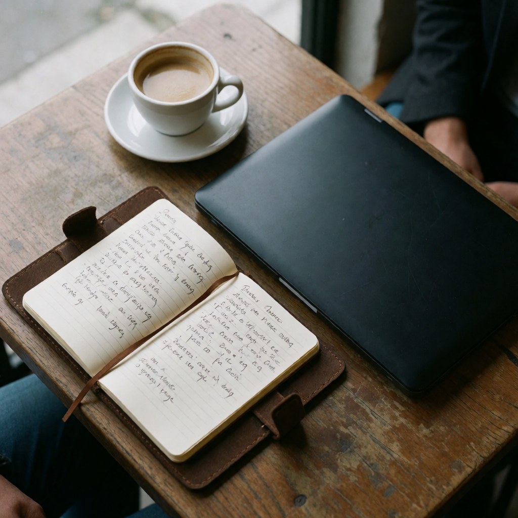 Scène de réunion d'équipe dans un café montrant une table en bois, un carnet ouvert avec des notes, un ordinateur portable noir et une tasse de café.