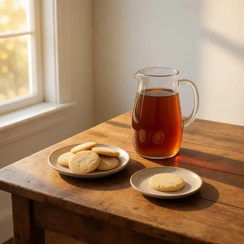 Un pichet de thé et des biscuits posés sur une table en bois rustique, baignés de lumière naturelle, évoquant une pause détente en entreprise.