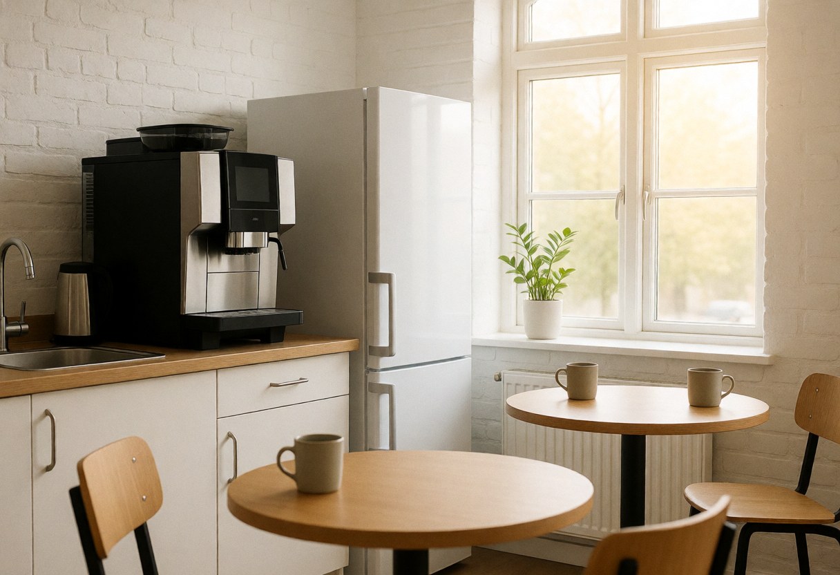 Espace cuisine partagé équipé d'une cafetière, d'un réfrigérateur et de tables rondes en bois, baigné de lumière naturelle par une fenêtre, sur fond de murs en briques blanches.