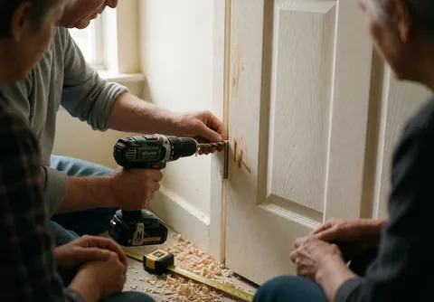 Trois personnes en équipe installent un pommeau de porte intérieure à l'aide d'une perceuse sans fil, avec des outils et du sciage visibles.