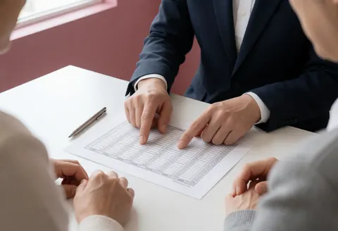 Des mains indiquent des informations sur une feuille de calcul pendant une réunion professionnelle dans un bureau éclairé par la lumière naturelle.