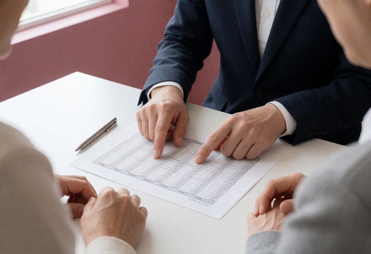 Des mains indiquent des informations sur une feuille de calcul pendant une réunion professionnelle dans un bureau éclairé par la lumière naturelle.