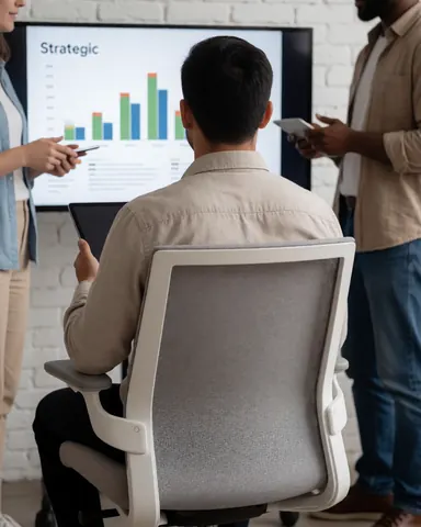 Collaborateurs en réunion professionnelle examinant des données stratégiques affichées sur un grand écran dans un bureau moderne avec murs blancs et mobilier contemporain.