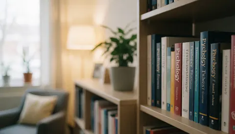 Étagère remplie de livres sur la psychologie et la thérapie, éclairée par une lumière douce, servant d'arrière-plan texturé pour un usage professionnel.