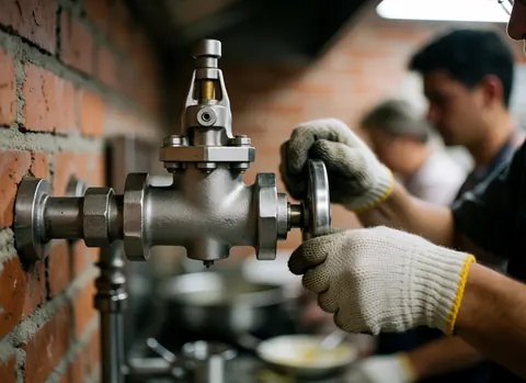 Vue rapprochée d'une valve en acier inoxydable dans une cuisine professionnelle, montrant la texture métallique et les composants mécaniques.