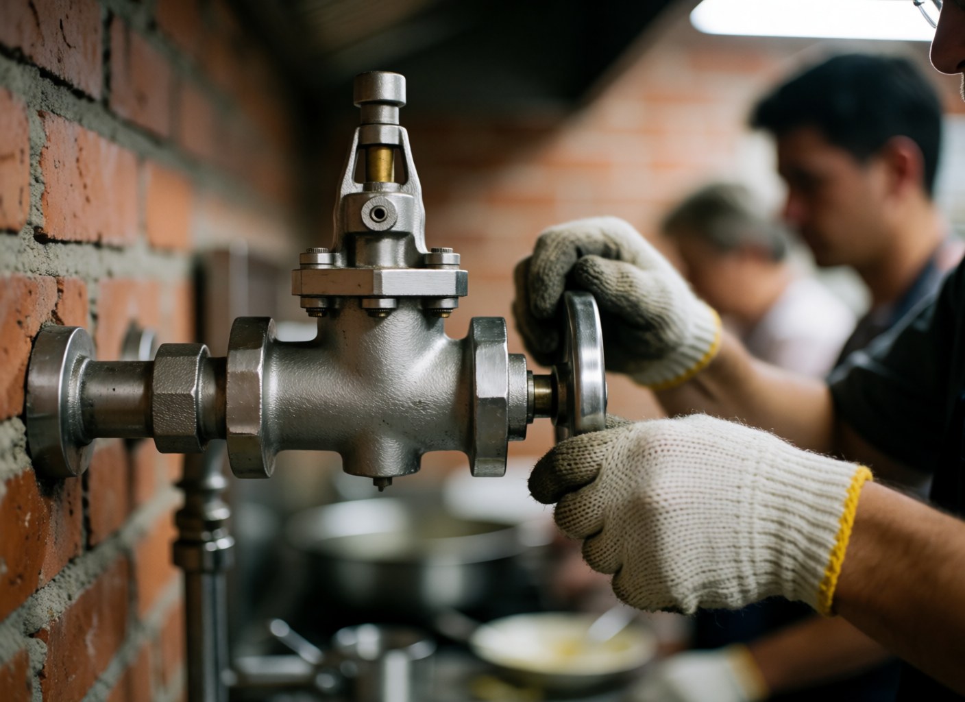 Vue rapprochée d'une valve en acier inoxydable dans une cuisine professionnelle, montrant la texture métallique et les composants mécaniques.