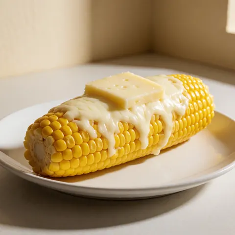 Un épi de maïs entier cuit à la vapeur ou grillé, garni d'une généreuse couche de fromage blanc fondu et salé, servi sur une assiette blanche.