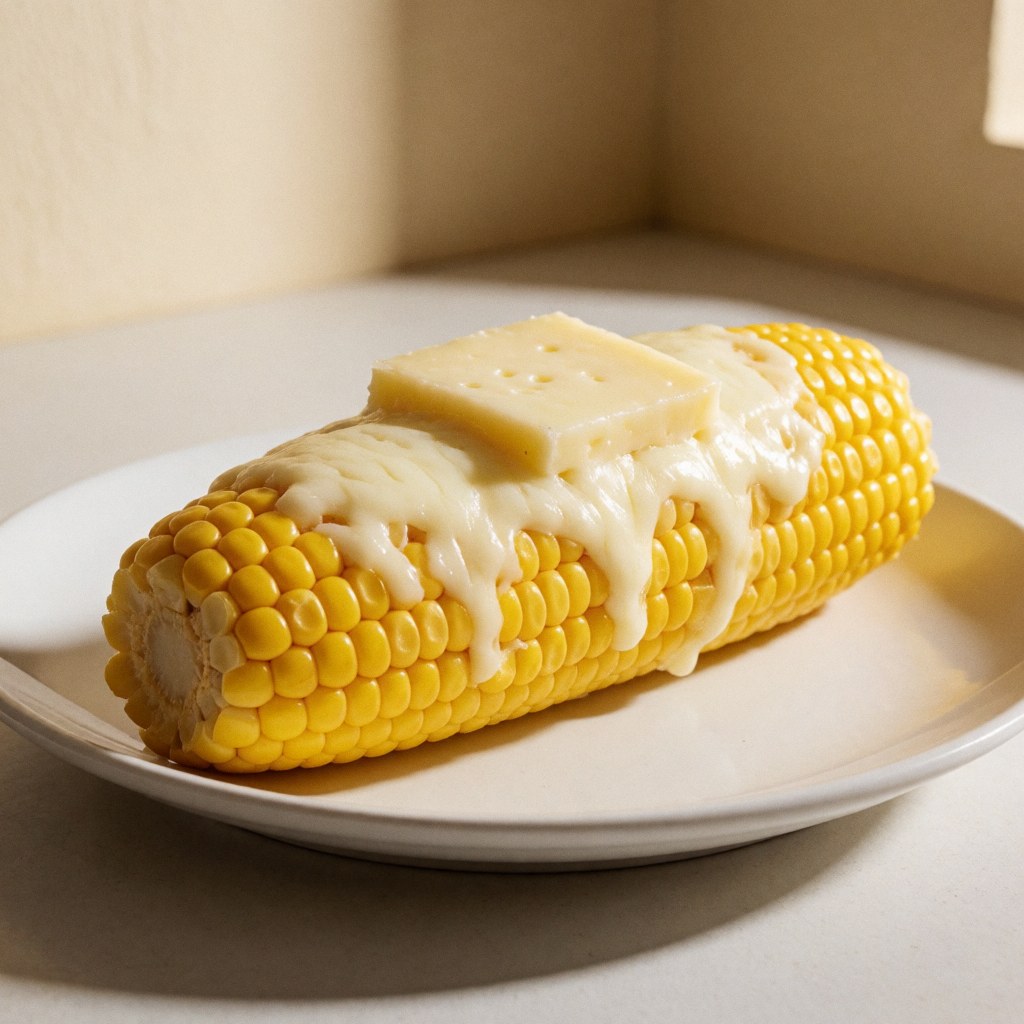 Un épi de maïs entier cuit à la vapeur ou grillé, garni d'une généreuse couche de fromage blanc fondu et salé, servi sur une assiette blanche.