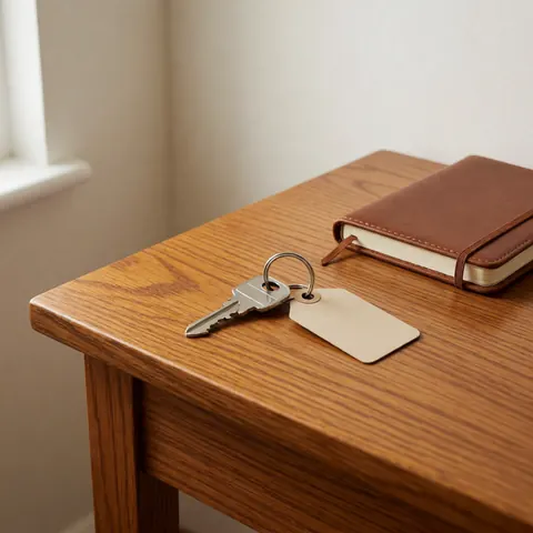 Une clé argentée avec une étiquette beige repose sur un bureau en bois poli à côté d'un carnet en cuir marron, sous une lumière douce du matin.