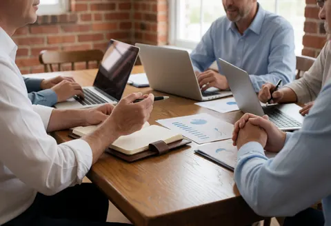 Quatre professionnels lors d'une réunion autour d'une table en bois avec ordinateurs, documents et graphiques sur fond de mur brique.