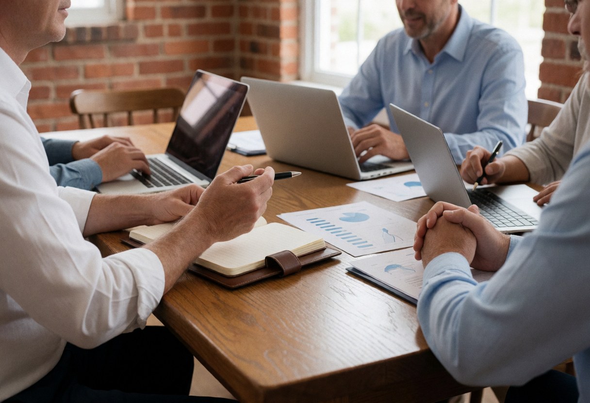 Quatre professionnels lors d'une réunion autour d'une table en bois avec ordinateurs, documents et graphiques sur fond de mur brique.