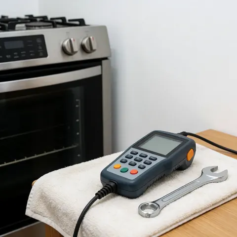 Divers outils professionnels disposés sur une surface blanche, incluant clés, câbles et appareils électroniques pour maintenance.