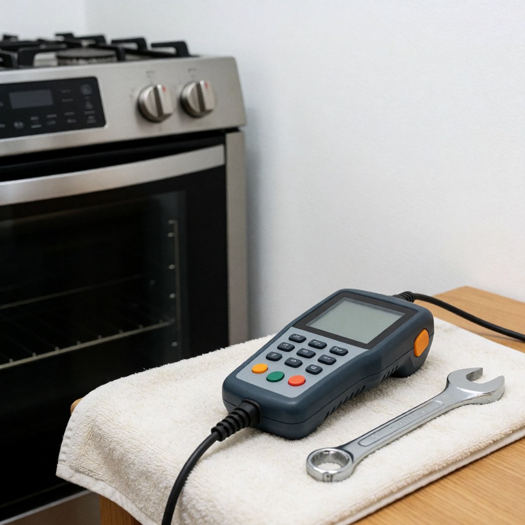Divers outils professionnels disposés sur une surface blanche, incluant clés, câbles et appareils électroniques pour maintenance.