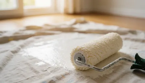 Rouleau de peinture posé sur une bâche protectrice au sol en bois avec un éclairage chaleureux, idéal pour illustrer des services de peinture professionnelle.