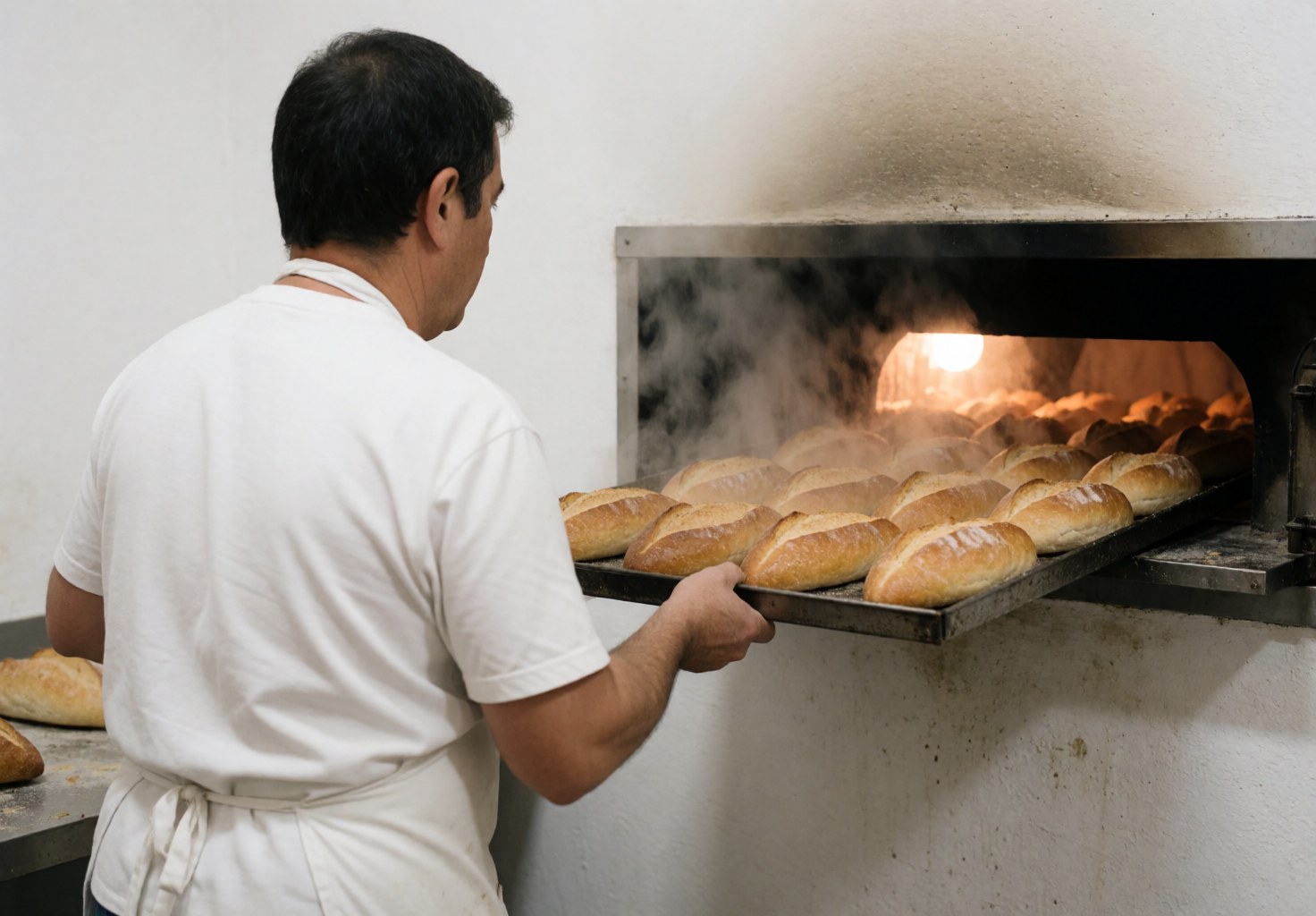 Un boulanger sort un plateau rempli de bolillos fraîchement cuits d'un four industriel, avec de la vapeur s'échappant sur fond blanc.