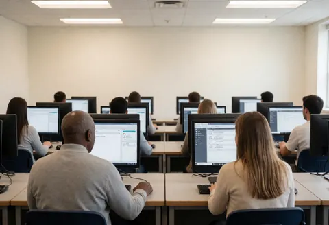 Des étudiants utilisent des ordinateurs dans un laboratoire universitaire, avec des écrans visibles dans un cadre académique et professionnel.