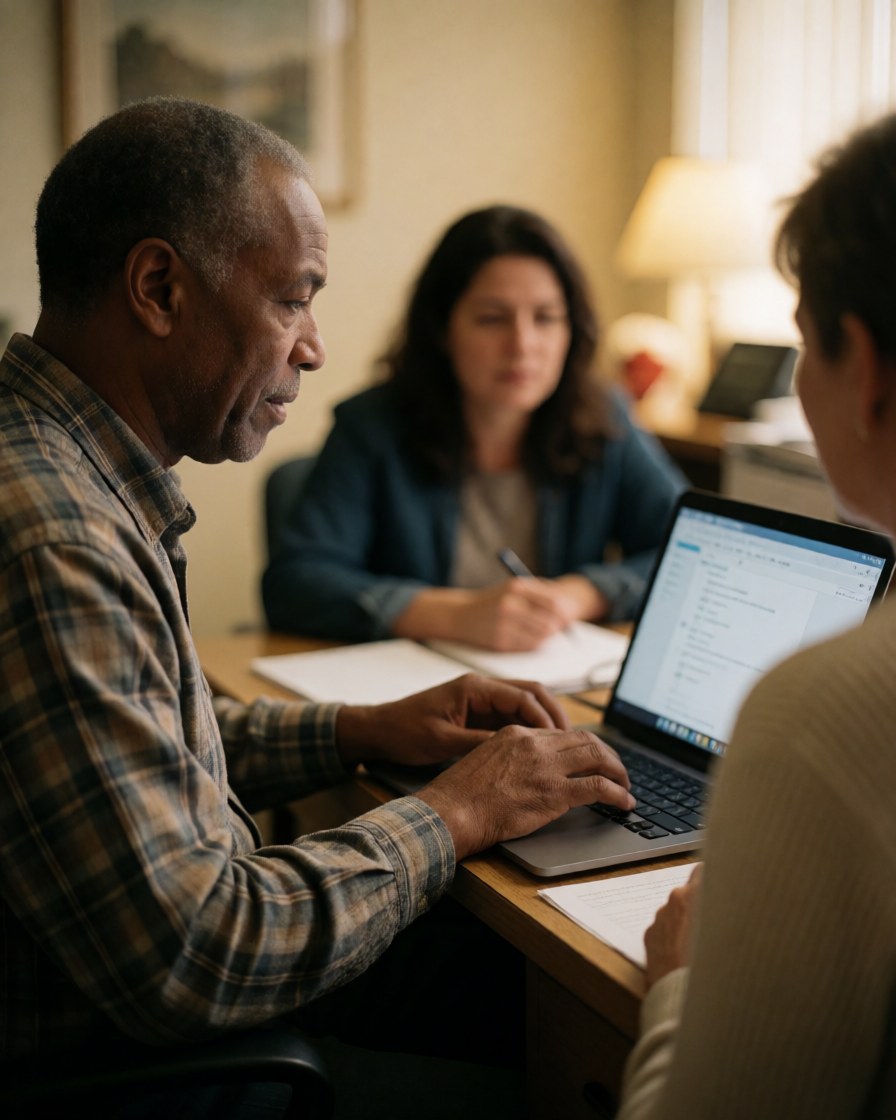 Un homme senior utilise un ordinateur en bureau, deux personnes collaborent, ambiance professionnelle chaleureuse et réaliste pour présentations et formation.