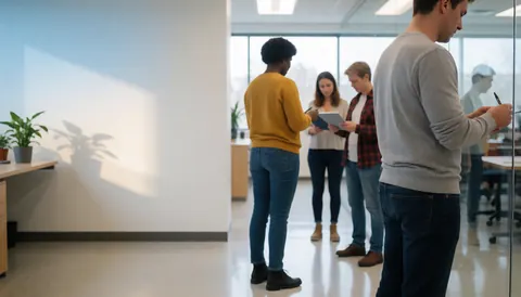 Scène de networking dans une réception d'entreprise moderne avec mobilier contemporain et éléments naturels.