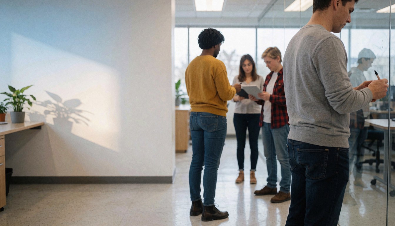 Scène de networking dans une réception d'entreprise moderne avec mobilier contemporain et éléments naturels.
