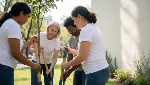 Quatre personnes plantent un jeune arbre dans un parc ensoleillé avec des outils, laissant de l'espace vide à droite pour ajouter du texte.