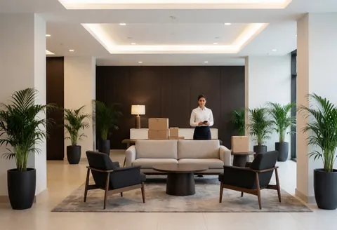 Vue d'un lobby hôtelier contemporain meublé de canapés et tables avec des plantes vertes décoratives dans un espace lumineux et élégant.