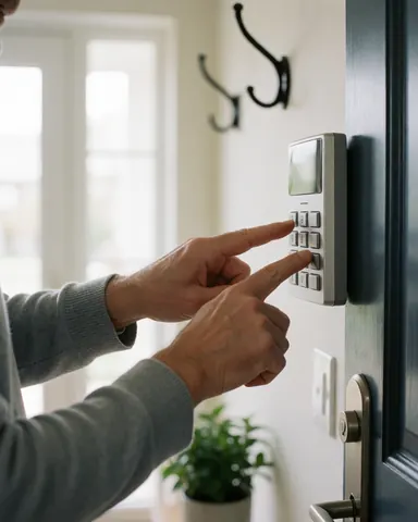 Une main appuie sur un panneau d'alarme près d'une porte. Des cintres et une plante sont visibles en arrière-plan, évoquant la sécurité domestique.