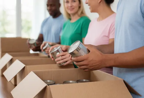 Bénévoles triant des boîtes et des conserves pour la communauté lors d'une collecte de dons.