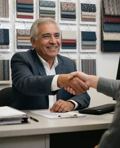 Un vendeur en costume serre la main d'un client souriant dans un bureau professionnel, entouré d'un catalogue de tissus et de documents sur une table.