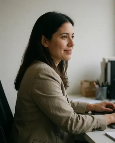 Une femme professionnelle souriante en blazer travaillant sur un ordinateur dans un bureau.