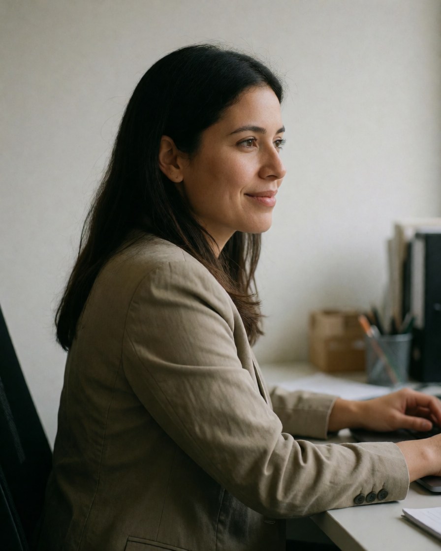 Une femme professionnelle souriante en blazer travaillant sur un ordinateur dans un bureau.