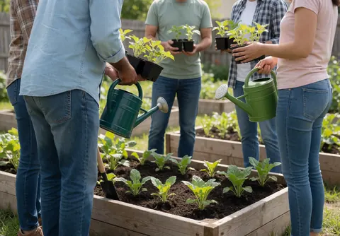 Vue d'un jardin communautaire où des membres de la communauté cultivent des légumes dans des bacs en bois sous le soleil.